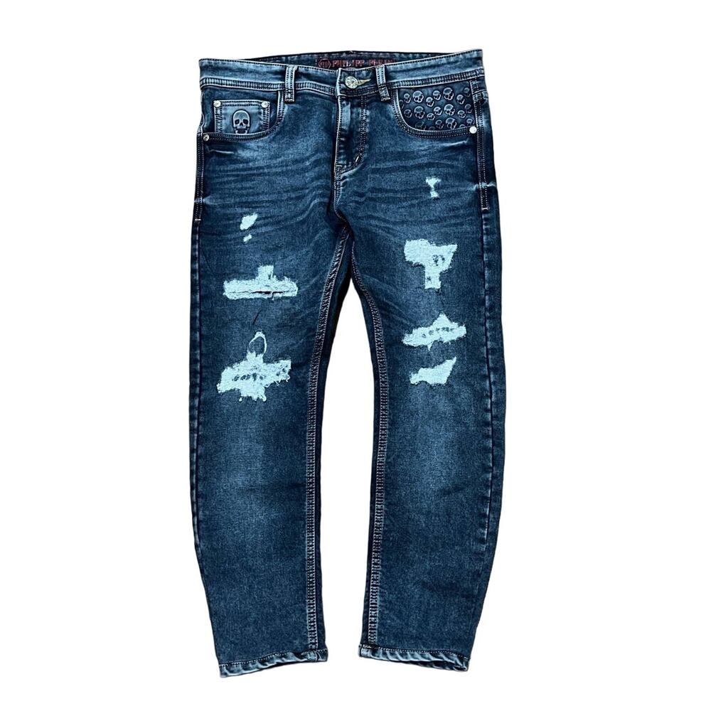 Philipp Plein Short Jeans Embossed Skulls Women's Size 32 Distressed Blue Denim